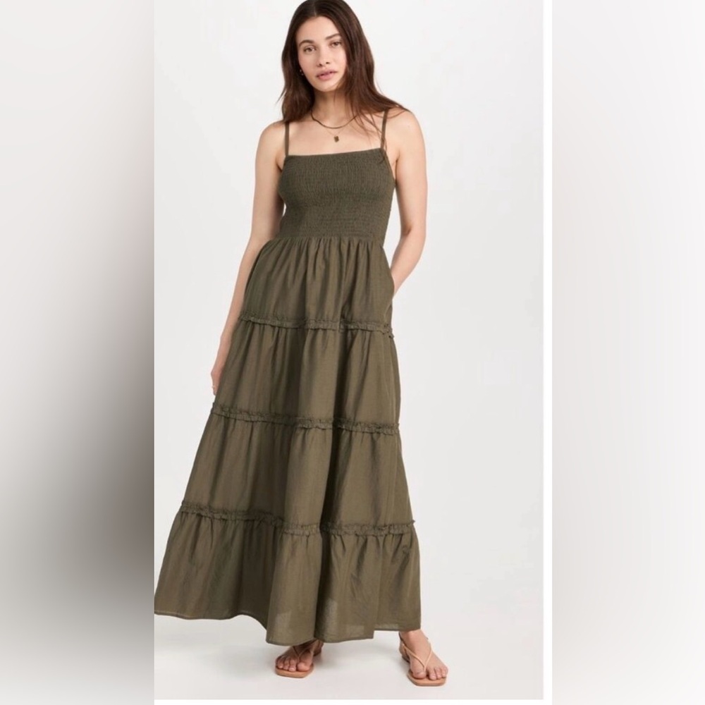 Olive Green Maxi Dress with Smocked Bodice